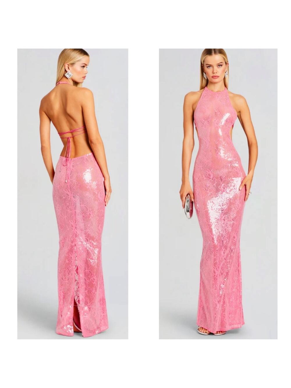 RETROFETE Shivonne Sheer Floral Sequin Halterneck Paradise Pink Maxi Dress Sz L
